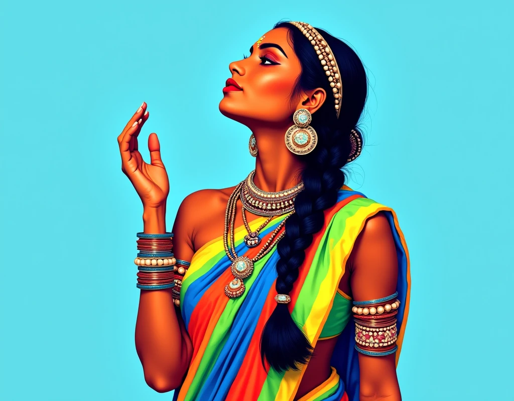 Portrait of a vibrant Indian tribal woman with medium breasts in traditional attire. Colorful painting in a poster color and acrylic colors on a white chart with bold outlines. The woman has dark hair in a braid, adorned with a beaded headband. She wears large ornate earrings, a necklace, and multiple bangles. Her clothing features bright stripes in various colors. The woman's face is tilted upward with an expressive pose, her hand raised gracefully. The background is a solid light blue color. Style: Modern pop art meets traditional Indian folk art, with vivid colors and simplified forms creating a striking, eye-catching composition, 