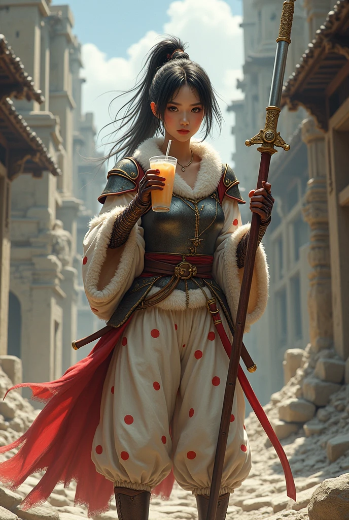 Create an image of a disheveled Asian woman with slightly messy hair, wearing old polka dot pajamas and fluffy slippers, standing in ancient ruins wielding a double-bladed pole weapon, wearing medieval armor with gold accents, brown gloves, exuding an air of nobility and readiness for battle, while holding boba tea, with a backdrop of crumbling ruins.