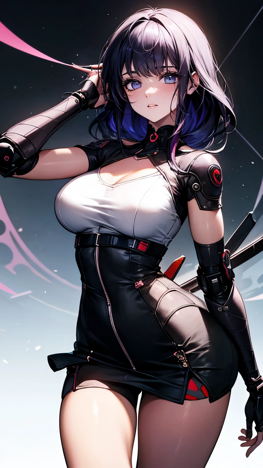 (Very delicate and beautiful:1.2)super model,,Beautiful breasts,voluptuous,【bike shorts】,,Highest quality, High resolution, 8k,mini skirt.cyber punk.Mechanical Sword