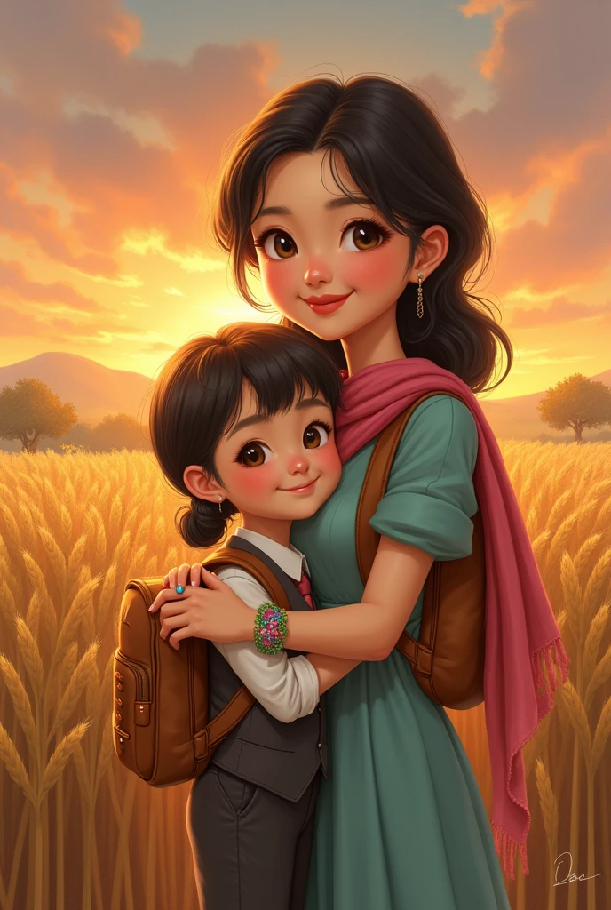 Painting of an adult woman and her child version with a round, chubby face, olhos amendoados, skin fair, reasonably large forehead and smiling, wearing a dress, a suit with a white formal vest and a pink scarf, colorful pumps, blue ring on hand, brown bracelet, orange bracelet on the arm, green ring on right hand with a backpack, hugging on a farm with wheat plantation with orange sunset.
