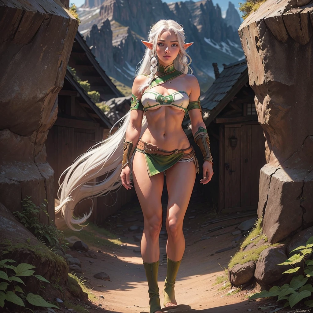 FULL BODY, perfect face, pretty face, elf, 1girl, mountains, white hair, viking top braid, green eyes, brown leather, (skimpy low skirt), bare arms, (bare stomach),  (bare pelvis) , bare arms, short brown cloak, dark, gritty