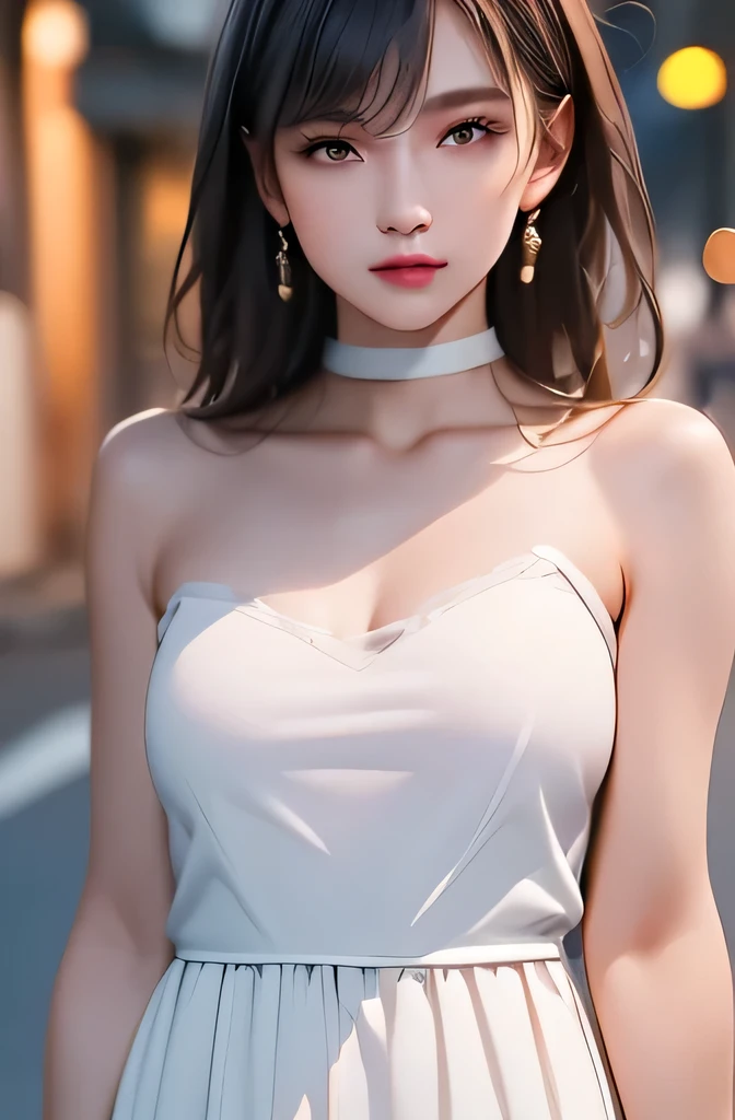 (((best quality))),1 female,slender face,(((arms behind))),(((cool beauty))),Black Hair,Brown Eyes,medium hair,straight hair,small breasts,looking at viewer,2,No pubic hair,Height: 160cm,(full body),blouse,Standing in a busy street at night,mini skirt,Provocative look,bangs,Seductive expression,