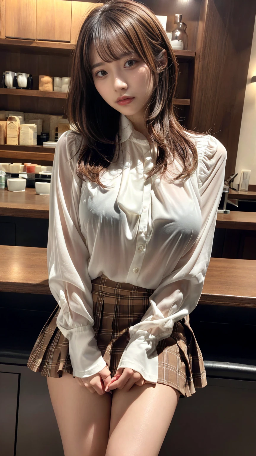 ((Wavy Shorthair))、Long bangs、Cafe Background、(tmasterpiece、top-quality、in 8K、32K、​masterpiece、nffsw、ultra gigantic tits、超A high resolution、Impresionismo、Photorealsitic:1.2)、cowboy  shot、foco nítido、Beautiful face with detailed face and eyelid background、blue open sky、shinny skin、Sharp pupils、Realistic eyes and beautiful face、blurry backround、1 beautiful girl、shinny skin、(((beautiful brown hair)))、Black eyes、(((White blouse with long sleeves)))、(((plaid pleated skirt)))、(Knee-length skirt、I see a very small white scanti:1.45)、thighs thighs thighs thighs、Curve、Dynamic Poses、Powerful composition、((Melancholy look))、((A look of contempt))、((Glaring at the viewer))、Sweating、((Brown hair))、Lace panties、((Sauce order))、(small mouth)、skirt rift、((Grabbing the skirt))、Panties with sexy design
