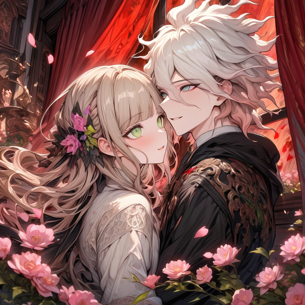 Ultra detailed, highres, absurdres, HDR, master piece, Aida, ash blonde hair with bangs, medium length hair, expressive light green eyes, Danganronpa, black ribbon at the side of her hair, white cardigan with black patterns, Komaeda Nagito, white hair, expressive gray green eyes, couple, in love, pink flowers, petals, moon, window, red curtains, woman together with a man, handsome, extremely beautiful, very detailed face and eyes, best quality, fantasy, magical, black gloves, smiling, close up
