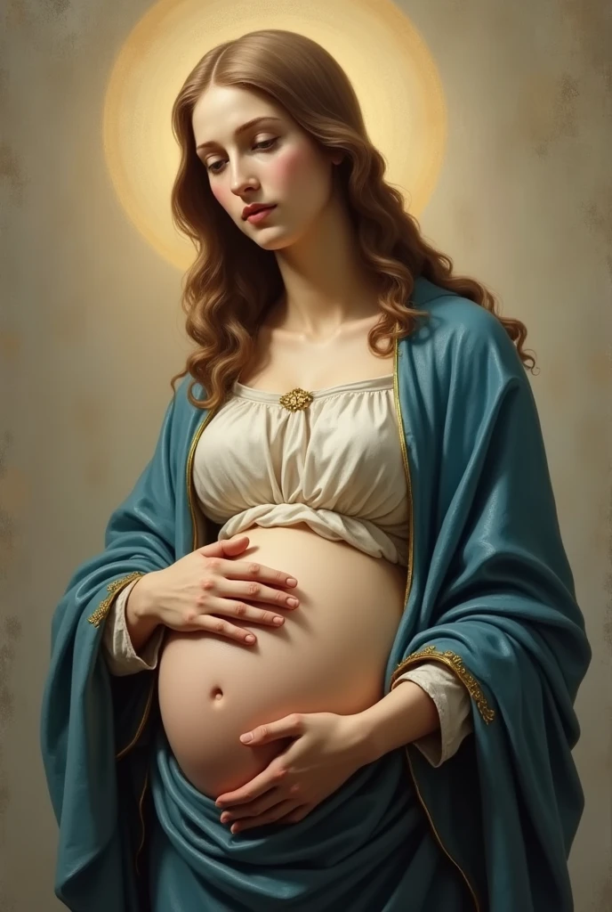 Religious oil painting artwork, the pregnant Virgin Mary, inspired by the painting style of Peter Paul Rubens. 8k.
The pregnant Virgin Mary, in profile to the camera, dressed in humble and simple clothing. She is sitting while touching her belly covered by clothes. Warm and friendly image. Religious image. He wears a holy areola on his head, a symbol of his divinity. Baroque painting style, dramatic lighting and intricate details characteristic of Rubens dynamic and emotive style. Expressive brushstroke, masterpiece, the best quality, very detailed. The background is simple. Typical paint background in oil masterpieces. Expressive brushstroke, textured. 