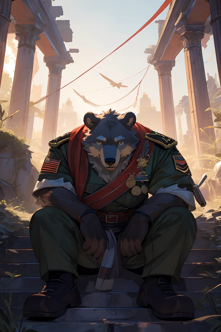 best qualityer，ultra HD，trunk，The most exquisite eyes，exquisite facial features，Upcoming perspective，on battlefield，mascle，Pure White Bear，soldier，anguished expression，Sitting on the ruins with a red mushroom in his left hand，eyes black，Tall and a little fat，trunk穿着灰色短袖，The lower body is wearing green camouflage pants