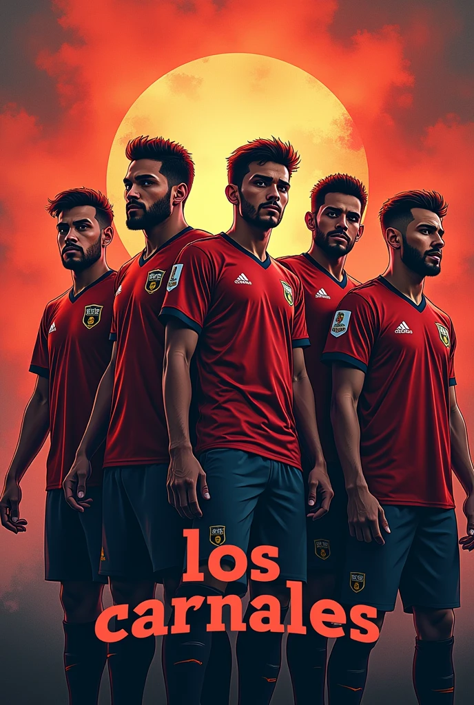 Football team logo but it says "los carnales", With 6 friends in the background it's epic, with colors that stand out