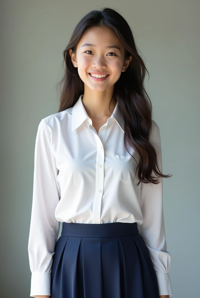 A beautiful school girl, a 1 Lao school girl, wearing a Lao high school uniform, standing for a photo, smiling beautifully.