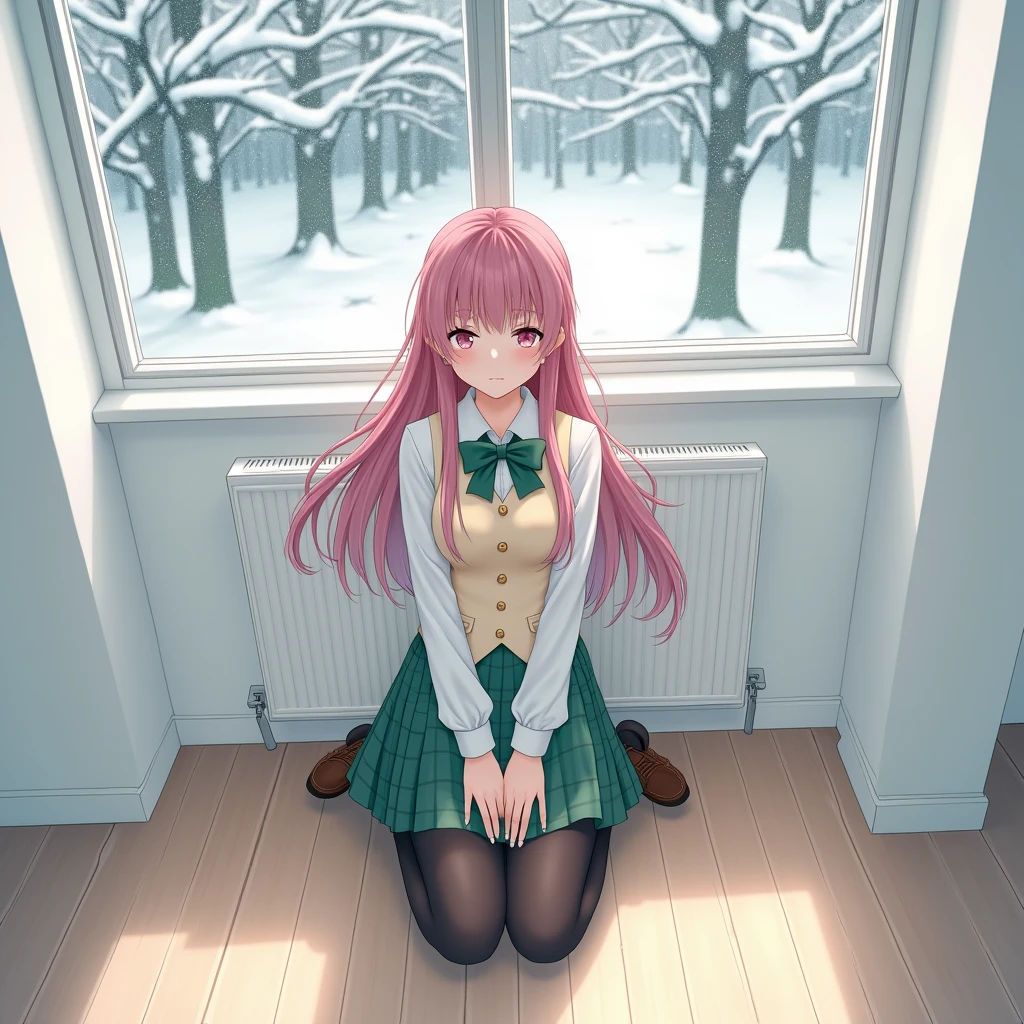 A 1 anime style woman, kneeling in an empty room, second floor, white school with wooden floor, The snow-covered treetops are reflected in the windows, afternoon, Mide 173 cm, its measures: B 80, At 35, H 90, long fuchsia hair with long bangs, His eyes are golden, He has a lost expression, wear a white shirt, cream three button waistcoat, green bow, skirt with green checks, black stockings and brown leather shoes, from above, 