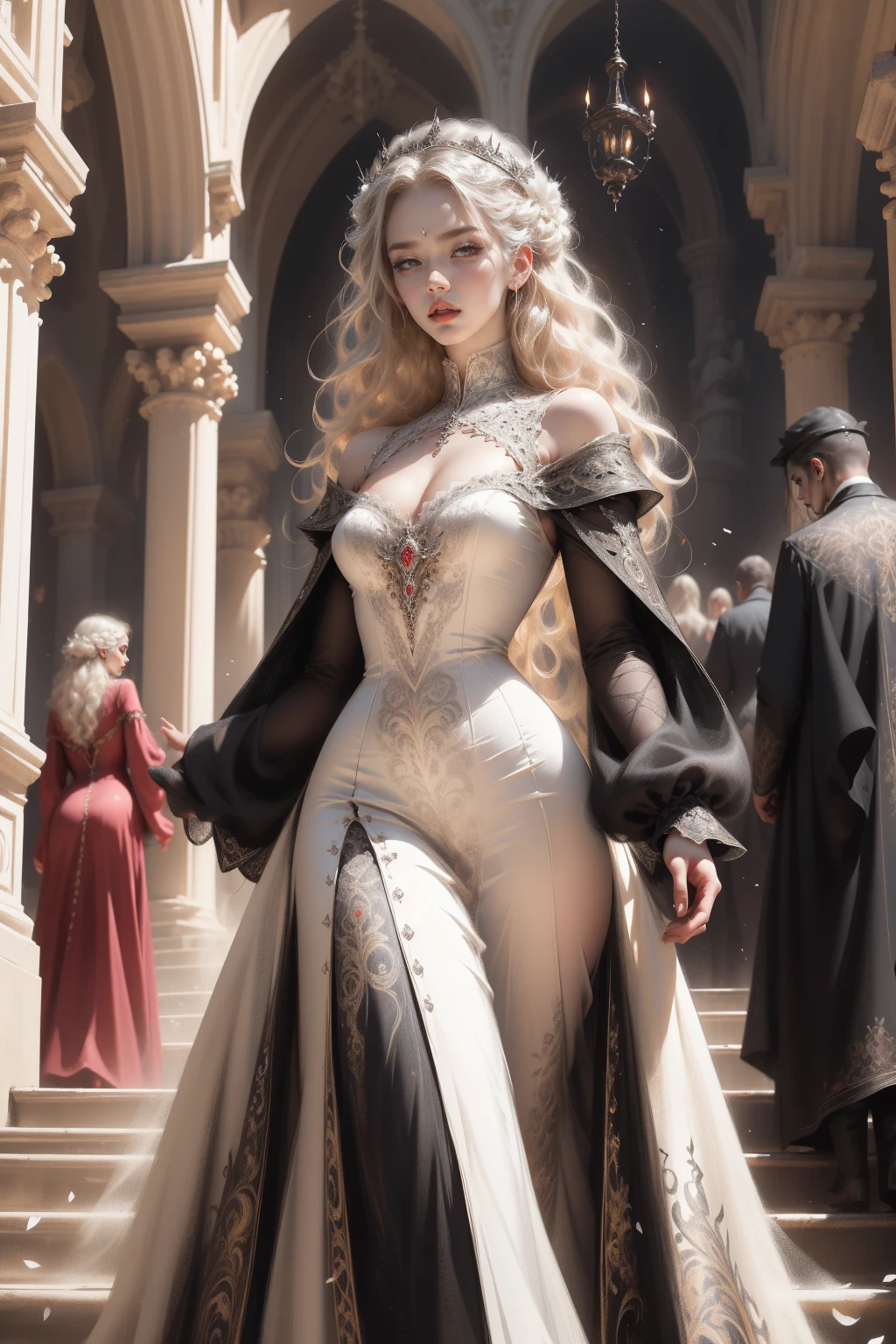 (Masterpiece - Ultra-detailed, very high resolution) Prepare to be enchanted by a true masterpiece that combines ultra-detailed art with high-resolution rendering. This work depicts a mesmerizing woman with very long blond hair (1.3) and captivating light blue eyes (1.2), emanating an aura of elegance and mystery in Victorian settings. The intricate details and realistic textures invite you to explore every aspect of this enchanting composition. Woman wearing beautiful classic Victorian costume from the year 1878. Red lips. Happy face. Smiling. (white dress:1.2). Walking,upper body, dynamic poses. Get ready to dive into a world where beauty and craftsmanship merge perfectly.