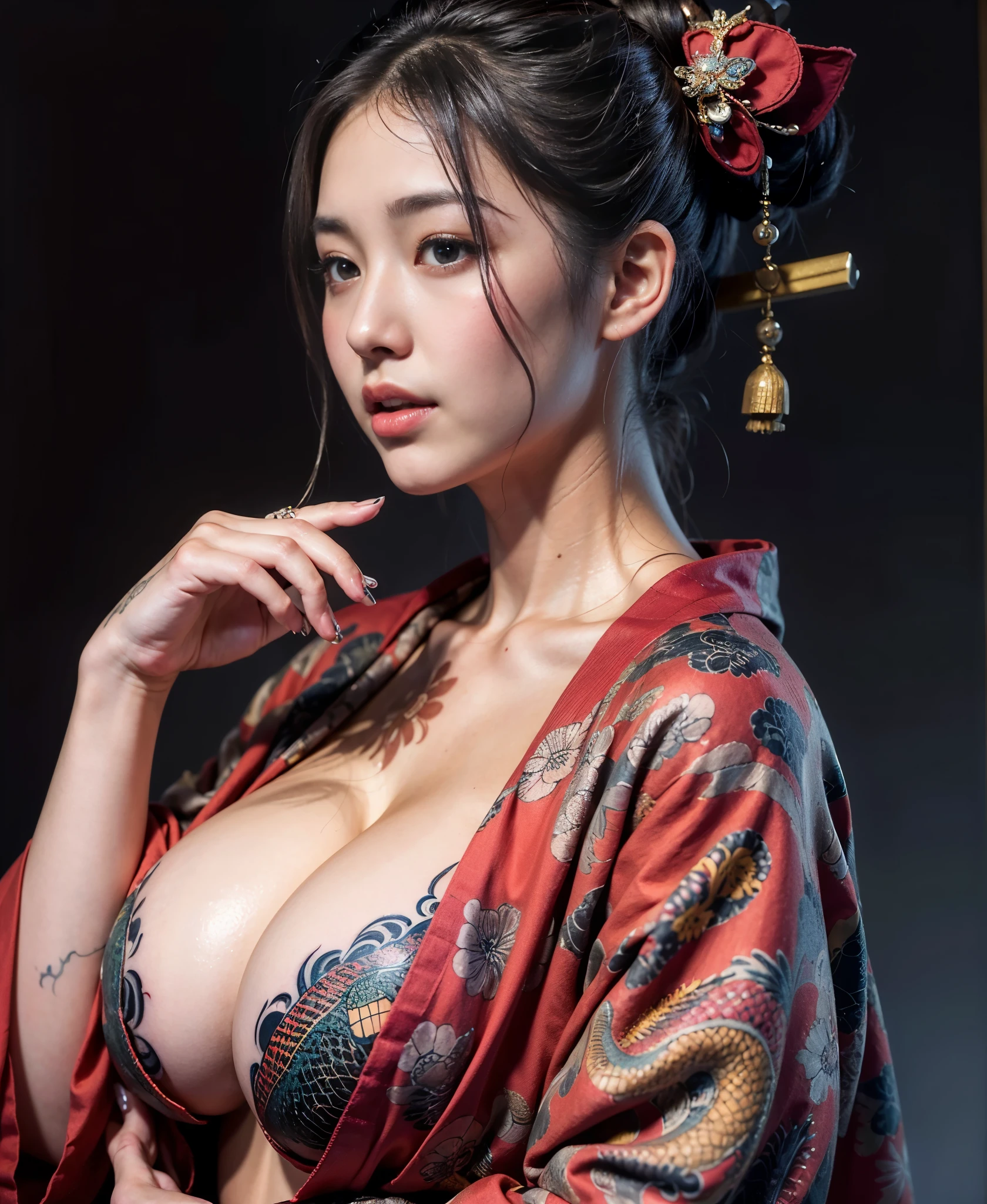 8k, high res, HQ, UHD, (photorealistic:1.4), masterpiece, hyper-realistic detailed close-up portrait of beautiful ((young japanese woman):1.3), wear hanging down ((silk kimono, red and black):1.3), ((elegant pose, exposed cleavage):1.3), skinny body with ((irezumi tattoo, dragon motif):1.37), ((sagging breast):1.2), detailed body feature, proportional perfect body, sexy posture, detailed perfect hand, clear bright skin, mesmerizing look, seductive smile, allure gaze, symmetricaly face, perfect face feature, detailed flawless make-up, perfect face with soft skinice face, Intricate detailed grey blue eyes, detailed perfect lips, a bit opened mouth, blond hair, detailed japanese buns hair, traditional hair accesories, dynamic lighting, past time atmosphere, blue red tones, volumetric lighting, photon mapping, perfect composition, 