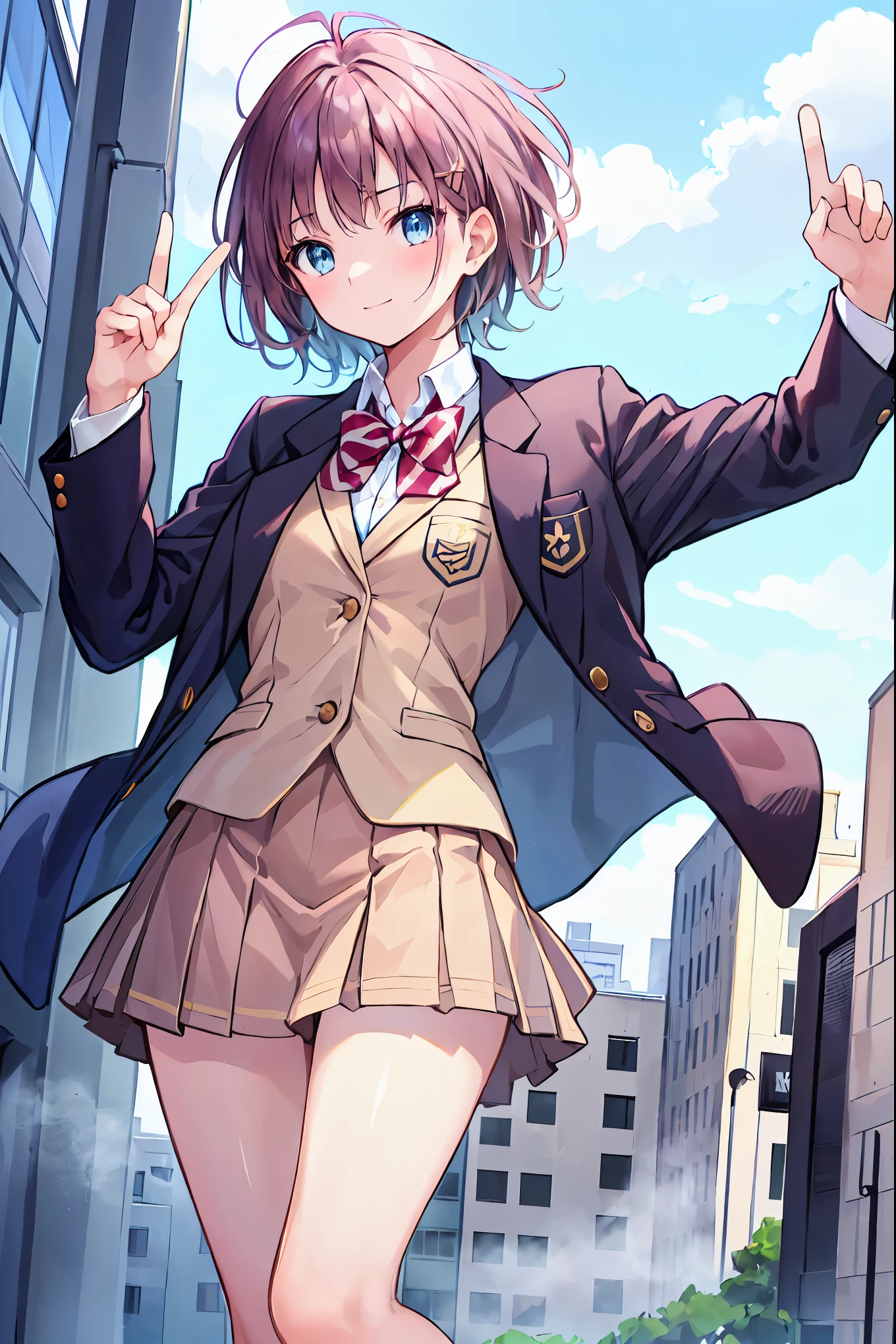 Brown Hair,Shortcuts,Messy Hair,Slender beauty,A dignified posture,Small chest,Beautiful feet,Her captivating grey-blue eyes shine like stars,(masterpiece:2.0), (Highest quality:2.0), (ミニスカート ショート丈 女子高生Blazer uniform:1.5), (Side view:1.5), (Sexy pose:1.5), (Red face:1.3), (Realistic:1.5), 1 , Precision small handle, Embarrassed look, smile, Very nice girl, Innocent face, Young Face, Clear Eyes, Shining Eyes, Small box, Beautiful Skin, peace sign,Super Resolution, Highest Resolution, Japanese high school students, Blazer uniform,Brown Hair, at the park