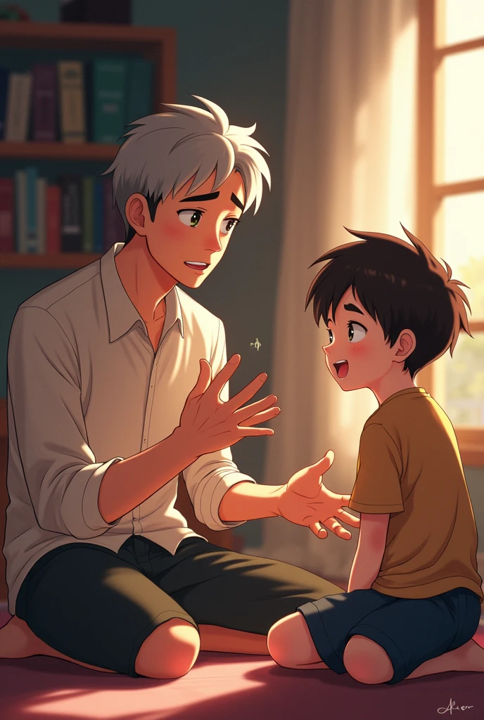 A father explaining something to his son in anime style