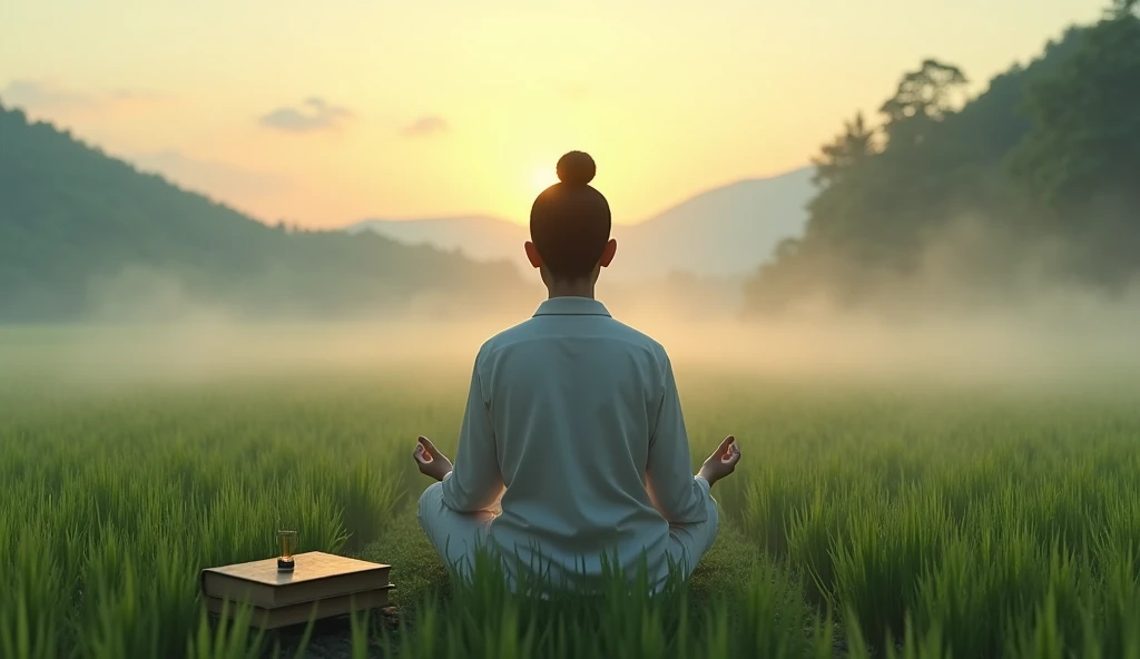 An Asian person meditating in a rice field with the morning mist still hanging low. Next to you, rests a book of spiritual teachings, whose pages glow softly in the dawn light.