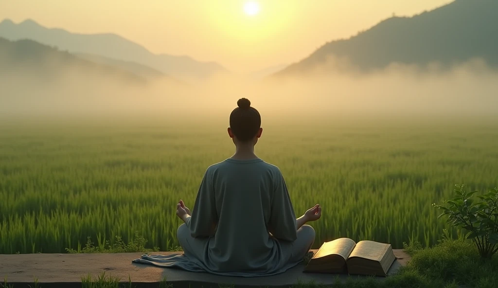 An Asian person meditating in a rice field with the morning mist still hanging low. Next to you, rests a book of spiritual teachings, whose pages glow softly in the dawn light.