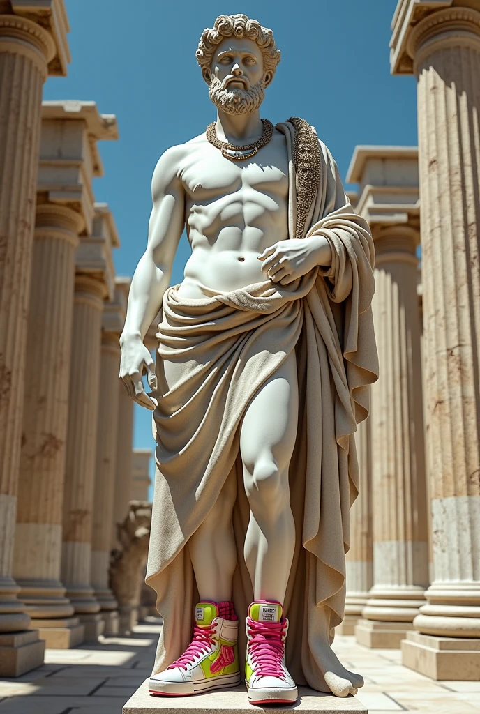 Old ancient Greek Statue wearing sneakers and bling bling