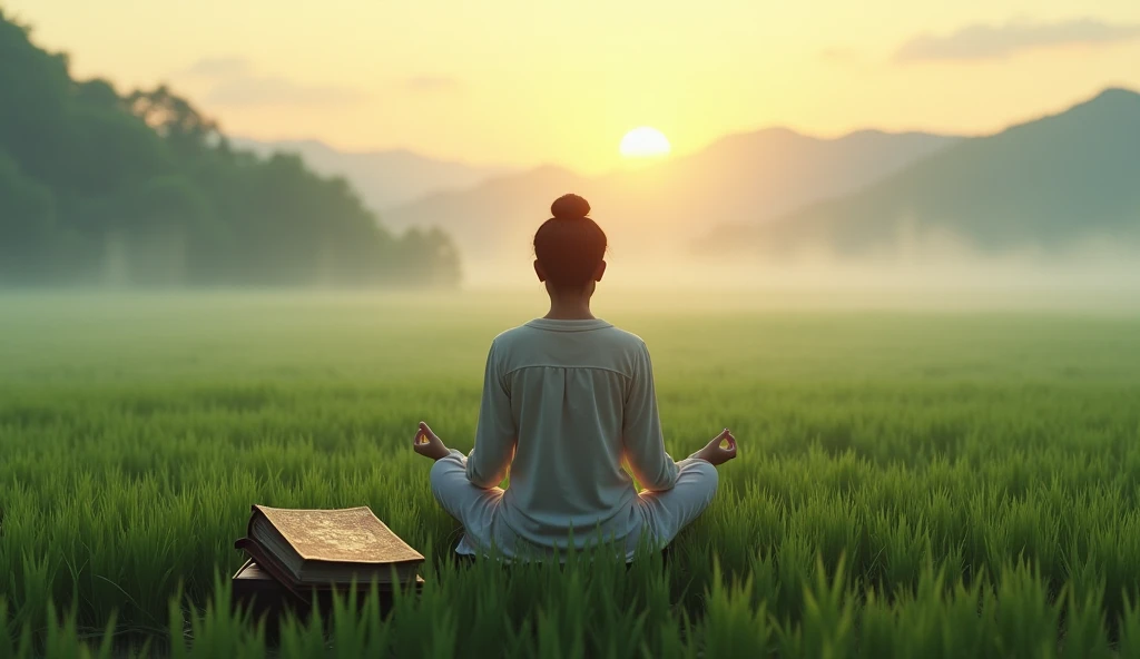 An Asian person meditating in a rice field with the morning mist still hanging low. Next to you, rests a book of spiritual teachings, whose pages glow softly in the dawn light.