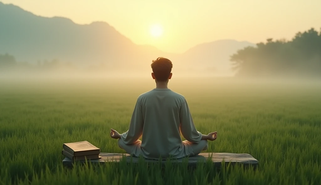 An Asian person meditating in a rice field with the morning mist still hanging low. Next to you, rests a book of spiritual teachings, whose pages glow softly in the dawn light.