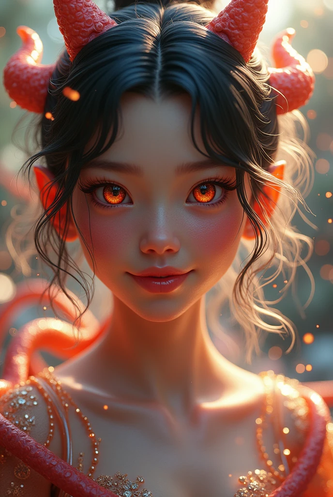 A cute young naga girl, full body detailed, smiling,Anatomically Correct, Masterpiece, High Details, Tentacle Hair, Covering Ears, Devil Pupils, Fujifilm, Glowing Light, Image Fill, Sparkle, 3D Rendering, Fujicolor, Unreal Engine,
