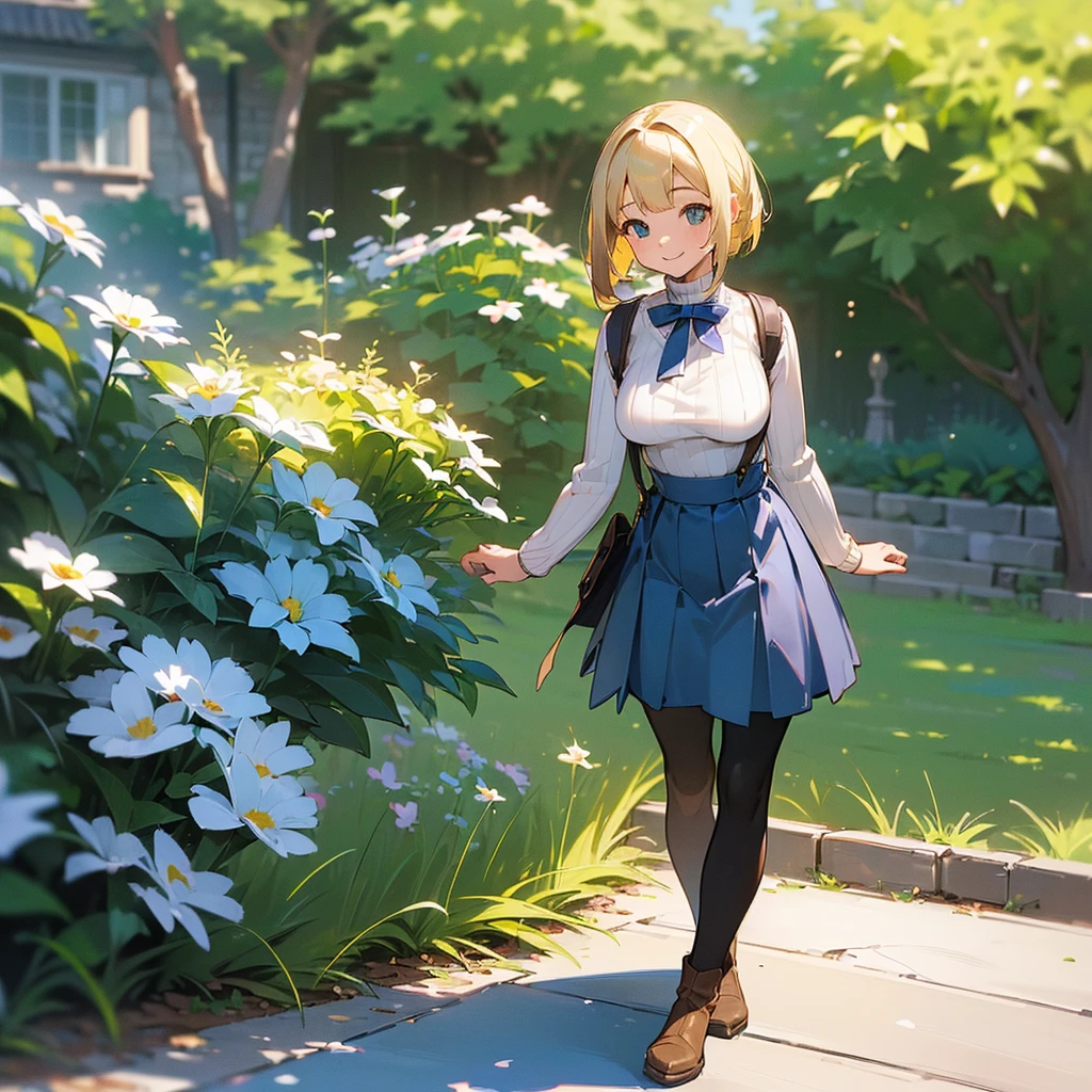 (high quality, High resolution, Very detailed, reality:1.37), Peaceful atmosphere, (Outdoor, garden), Teenage girl standing alone, (my breasts are big.), Beautiful details, Cute Smile, (Blonde Bob Hair), Ribbed sweater, Blue Skirt, Black tights, Brown boots.