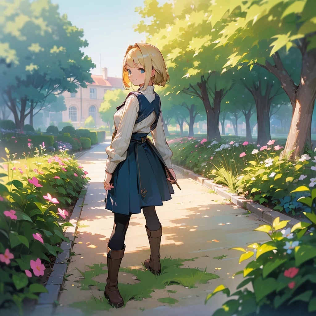 (high quality, High resolution, Very detailed, reality:1.37), Peaceful atmosphere, (Outdoor, garden), Teenage girl standing alone, (my breasts are big.), Beautiful details, Cute Smile, (Blonde Bob Hair), Ribbed sweater, Blue Skirt, Black tights, Brown boots.