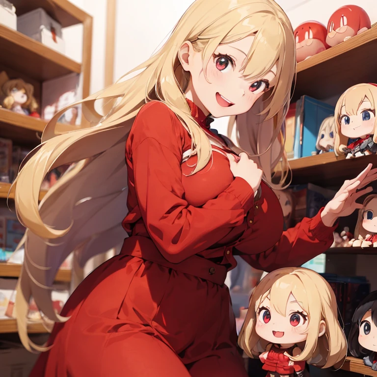 1 female, teenage girl, red long sleeve dress, blonde long hair, rosa cheeks, doll store, playing a dolls, happy face, huge breast, red lip, make up