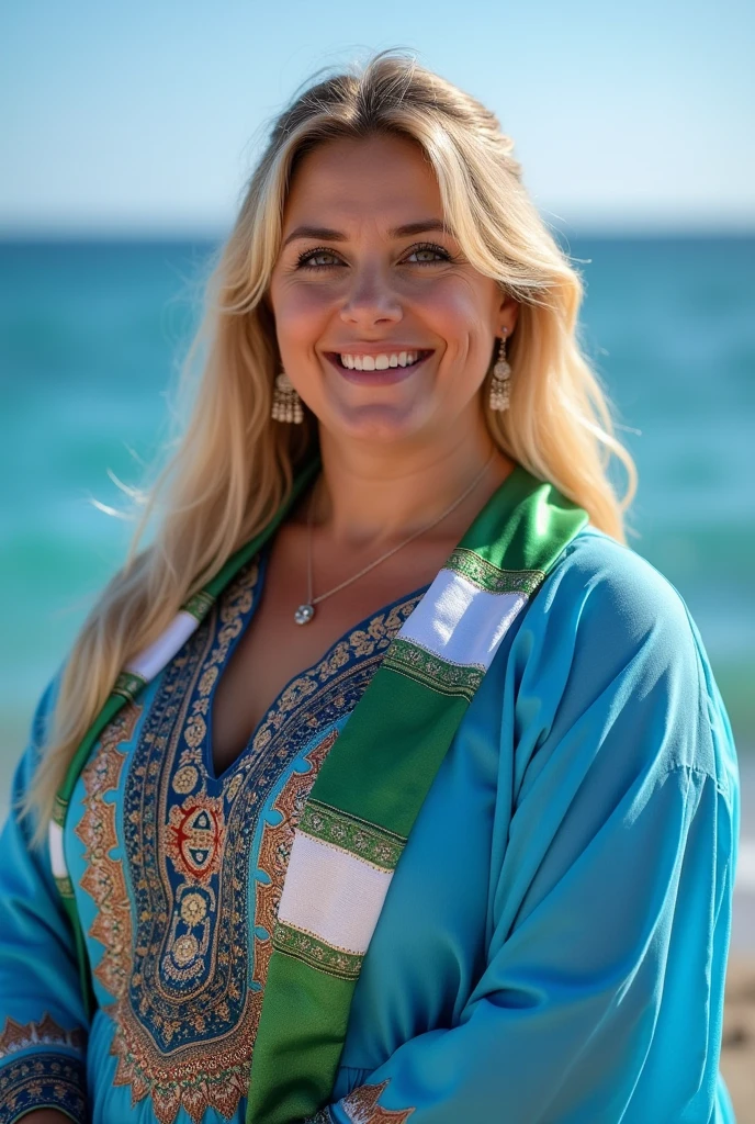 Close up, blonde, plump woman, wearing a blue, gold embroidered abaya, holding the Algerian flag, looking directly into the camera, she is standing on the blue seashore