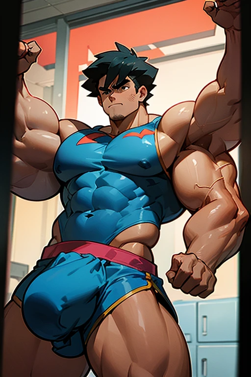 Ash Ketchum from Pokémon anime as a big dumb age muscular bodybuilder jock in a locker room flexing and staring blankly with mouth gaping open as his eyes glow under hypnosis as he repeats, "Big ... dumb ... big ... dumb... All I become, just big and dumb.... Uhhhh ... dumber and dumber, bro. Huhuhuh.... Just a big dumb meathead. Harder to think. Hard in the head. Be ... a dumb jock bro instead.... Yes, coach.... I obey.... Be a bigger ... dumber ... jock bro...." in deep mindless emotionless voice with fellow hypnotized jocks to forget about catching and training Pokémon and focus instead on training his body and obeying his coach. Mouth dropped open. Hyper swollen bulging crotch. Hyper muscles. Toned muscles. 5% body fat. Steam rising from armpits and shoulders. Big biceps. Big triceps. Broad shoulders. Big traps. Big lats. Big meaty pecs. Massive deltoids. Six-pack abs. Spherical glutes. Brainwashing. Hypnosis. Hypnotized. Bro. IQ drain. Dumber and dumber. Meathead. Musclehead. Mindless. Hypno. Mind control. Brain drain. Entranced. Brute. Brutification. Brain drain. brainwashed. brainwash. Meathead jock bro assimilation. Mindless. Brainless. Empty stare. Hairy pecs. Hairy armpits. Treasure trail.