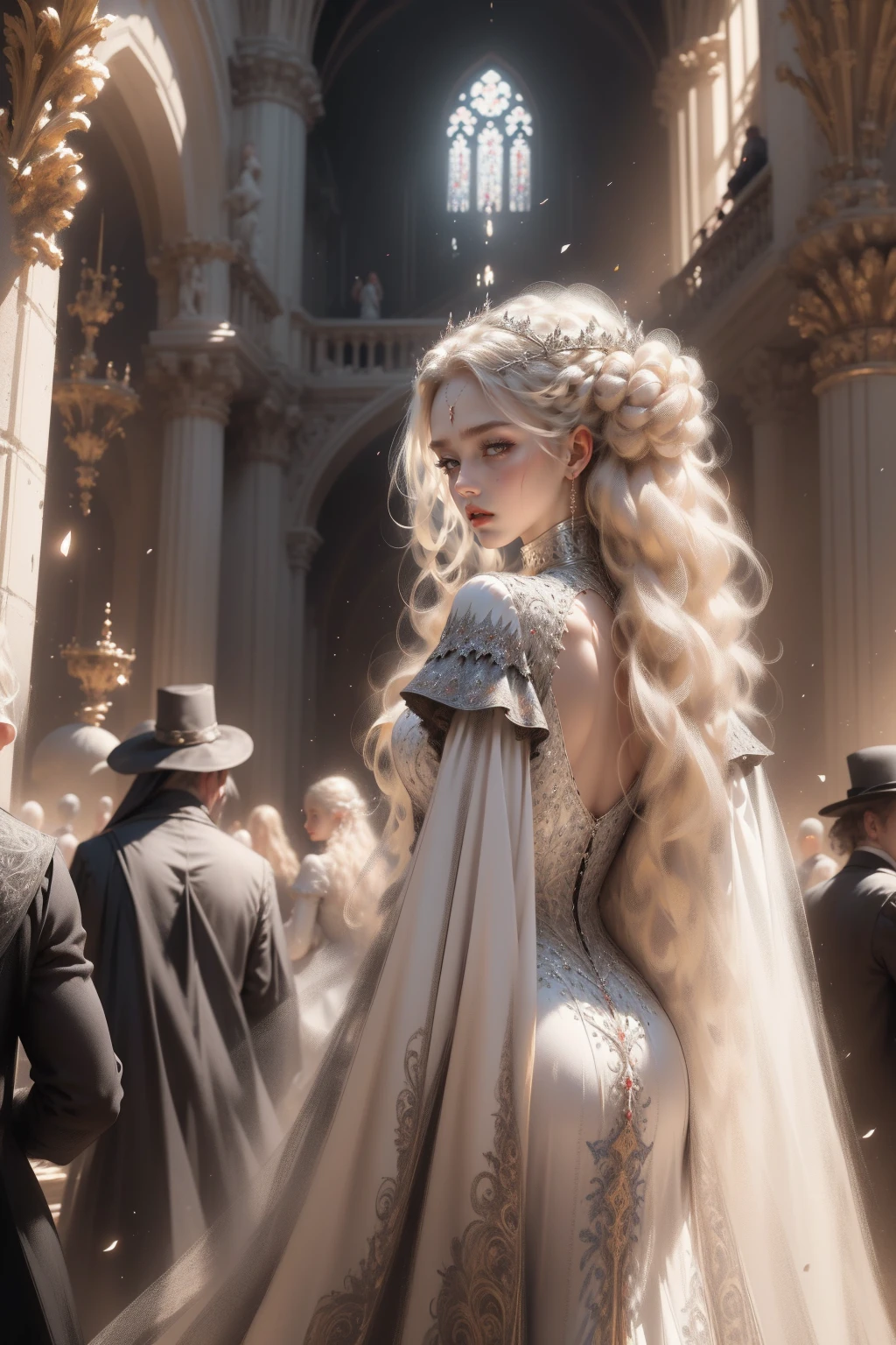 (Masterpiece - Ultra-detailed, very high resolution) Prepare to be enchanted by a true masterpiece that combines ultra-detailed art with high-resolution rendering. This work depicts a mesmerizing woman with very long blond hair (1.3) and captivating light blue eyes (1.2), emanating an aura of elegance and mystery in Victorian settings. The intricate details and realistic textures invite you to explore every aspect of this enchanting composition. Woman wearing beautiful classic Victorian costume from the year 1878. Red lips. Happy face. Smiling. (white dress:1.2). Walking,backwards, looking back, upper body, dynamic poses. Get ready to dive into a world where beauty and craftsmanship merge perfectly.