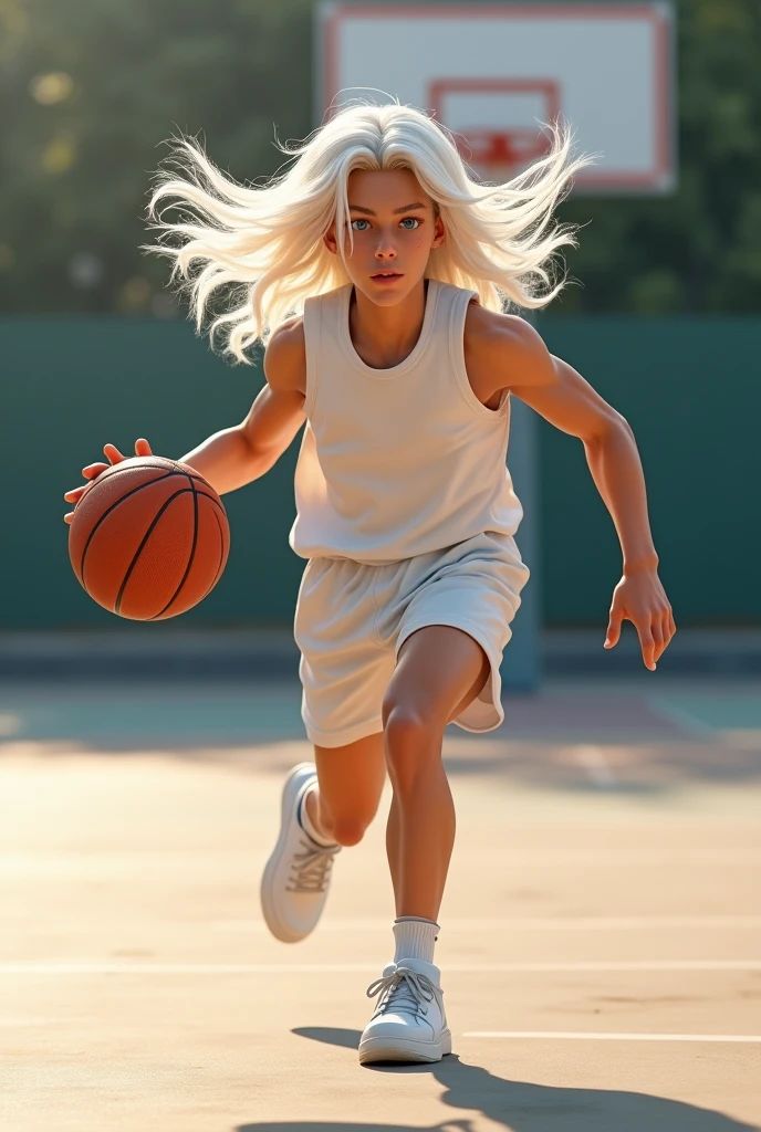 Cute boy with long white hair, basketball player, detailded