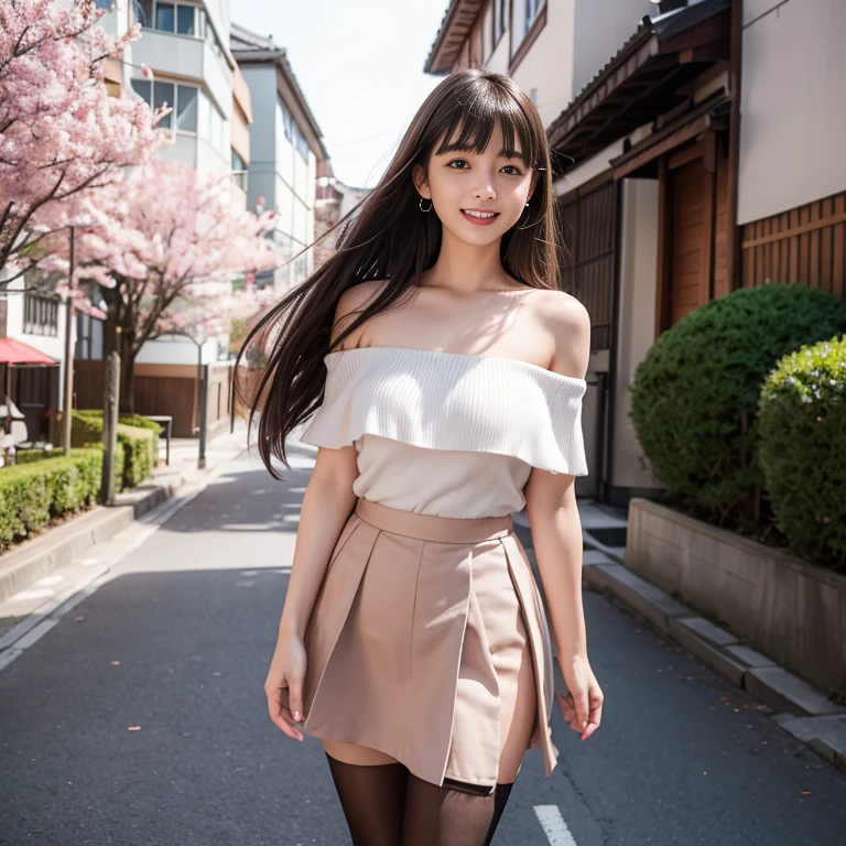 laughing out loud，2，Skirt length above knee,Penetrating black stockings，Skirt covers stockings，Wearing a white pleated skirt,(knee shot), 1 female, On the face, laughing out loud, light brown hair, blunt bangs, hair behind ears, Shoulder length hair, long hair, Slender body type, 超face slimming型, face slimming, delicate lips, beautiful eyes, Thin blush, Eyes are light brown,Check it out here, (actual:1.3), standing next to the street，The background is the Kyoto Five-Storied Pagoda, One person's perspective, 8k, Super detailed, high quality, best quality, High resolution,，Large Breasts，The breasts are H-cups, Off-shoulder tops，The breasts look big when they stick out in the clothes
