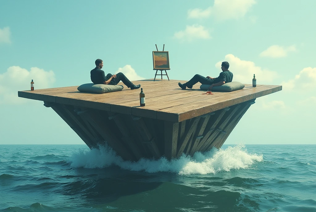 Make the image of a huge inverted table, with legs up, floating in the sea. The boards are in contact with the waves and the legs are pointing towards the sky.. This is what a raft looks like with the table legs upright at the corners.. There are two men lying on bundles in that boat.. There is a bottle of whiskey and a painting easel