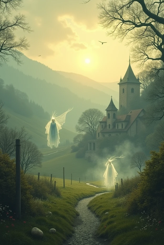 Le village, vu de loin, with creatures fading into the morning light, giving way to peace and quiet.
