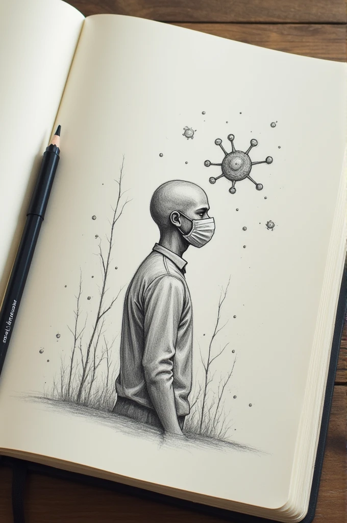 Make a drawing image in a notebook about the impact of COVID 19 on our lives