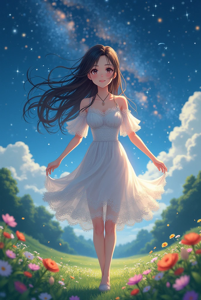(masterpiece、Highest quality、8k、High resolution)、1 female、Beautiful eyes with slit length、Cute lips、Beautiful Nose、Brownish black hair、smile、(Best anime girl)、Green grassland with forest view、Walking,(Barefoot, flying, running, high, high),Colorful flowers blooming in the field,A bright night with the stars clearly visible、milky way、(Mysterious light particles from the whole body、Colorful light particles)、jewelry、necklace、White lace dress、(Beautiful full body style)、Highly detailed anime art、A complete portrayal、