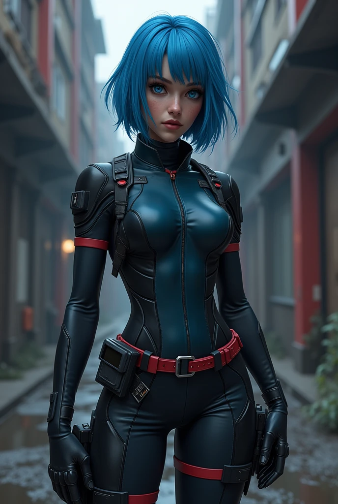 girl deadpool, short hair, blue hair, long bob hair, big breasts, slender body shape
