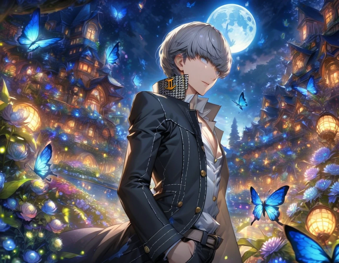 absurdres, highres, ultra detailed, HDR, masterpiece, extremely detailed, detailed eyes, Narukami Yu, gray hair, expressive gray eyes, persona 4, solo, sexy man, handsome, sensual, adult face, black coat, white shirt, fantasy, garden, blue shining moon, blue glittering butterflies, magical, fantasy, blue chrysanthemum, blue fireflies, water