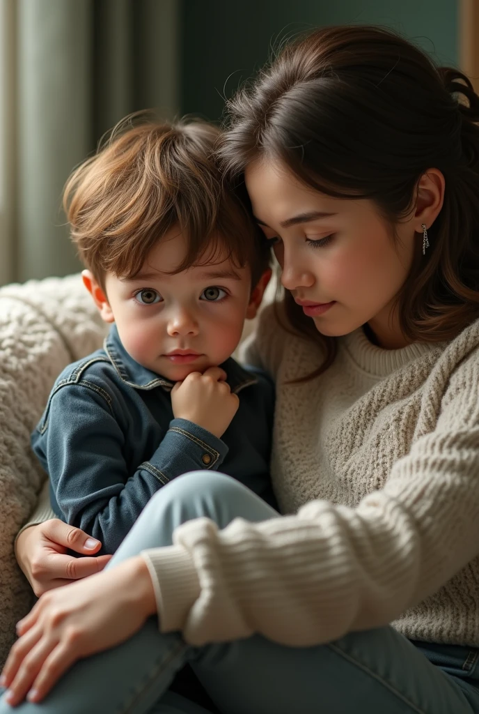 image of mother and son sitting on a sofa with eyes with excellent definition and a thinking face and as realistic as possible