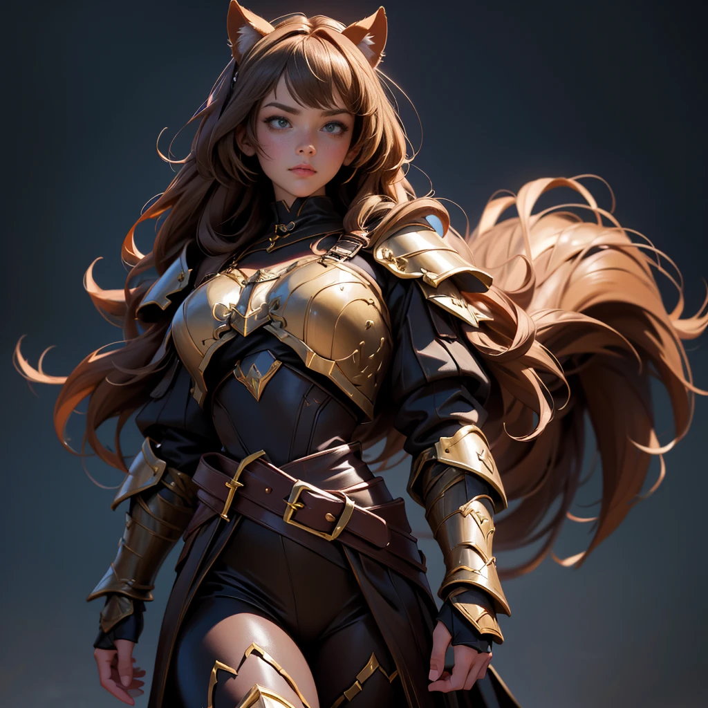 envision a 8k, highres, cinematic, beautiful full body concept art character design sheet of a girl with pretty mature features with brown hair, animal ears, leather armor, fantasy armor, jrpg inspired armor, tail, in dark lighting, against a dark gray background