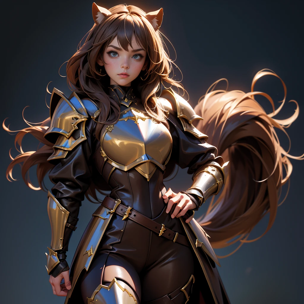 envision a 8k, highres, cinematic, beautiful full body concept art character design sheet of a girl with pretty mature features with brown hair, animal ears, leather armor, fantasy armor, jrpg inspired armor, tail, in dark lighting, against a dark gray background