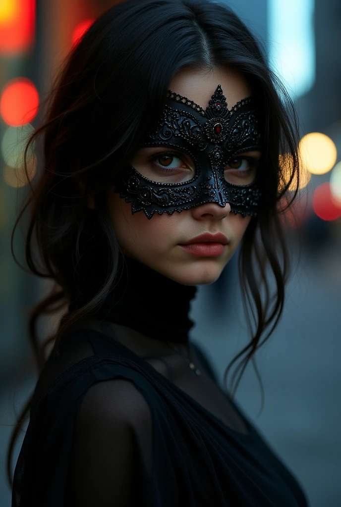 The cover shows Mara as a girl in close-up, with a serious and enigmatic face. He wears a delicately decorated mask., covering the upper part of his face, leaving only his mouth visible with an enigmatic expression. Her dark hair falls in soft waves over her shoulders., and she is dressed in an elegant black dress that stands out against a background of shadows and lights of the city at night.