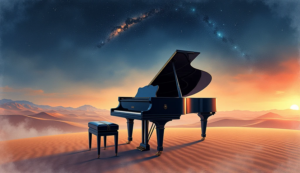 This image is、It depicts a scene in the desert with a grand piano and a bench.。The piano has a classic design.、It has a distinctive black glossy surface.。The bench is also black.、Located in front of the piano。

In the background is a vast expanse of sky.、The warm orange of the sunset can be seen near the horizon。The sky is slowly々It gets dark、The stars begin to shine、Further up, you can see the formation of galaxies。This change in the sky、It represents the transition from day to night.、Highlights the beauty of nature。

This scene、It creates a fantastic atmosphere where nature and human creations blend together.。The piano being placed in an unexpected location, the desert,、Visually stunning and beautiful。Realistic watercolor style