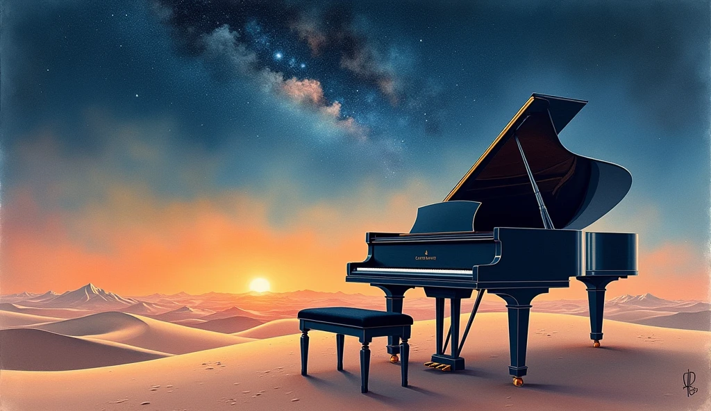 This image is、It depicts a scene in the desert with a grand piano and a bench.。The piano has a classic design.、It has a distinctive black glossy surface.。The bench is also black.、Located in front of the piano。

In the background is a vast expanse of sky.、The warm orange of the sunset can be seen near the horizon。The sky is slowly々It gets dark、The stars begin to shine、Further up, you can see the formation of galaxies。This change in the sky、It represents the transition from day to night.、Highlights the beauty of nature。

This scene、It creates a fantastic atmosphere where nature and human creations blend together.。The piano being placed in an unexpected location, the desert,、Visually stunning and beautiful。Realistic watercolor style