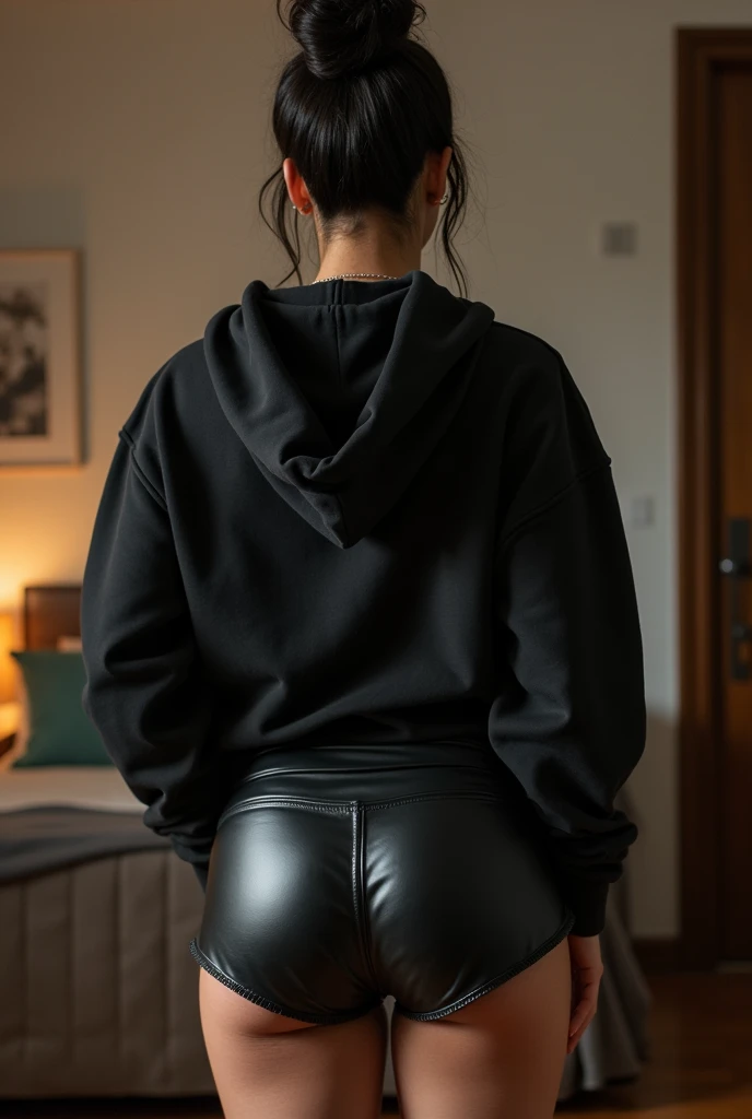 black woman hair in a bun black hoodie black leather short shorts being fucked in the ass by a old grandma in a dress