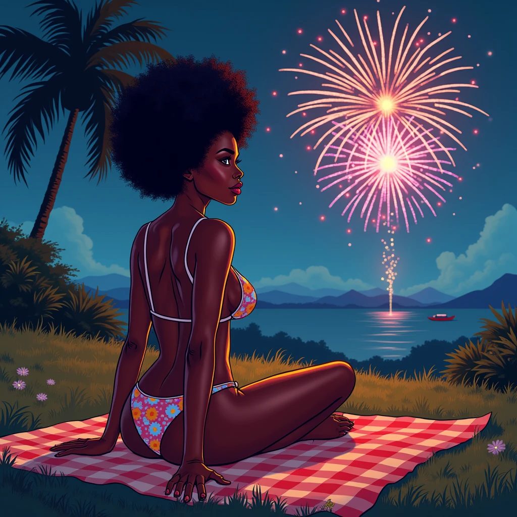 Vector art, over the shoulder shot of a scantily dressed African woman in bikini sitting on picnic blanket watching fireworks