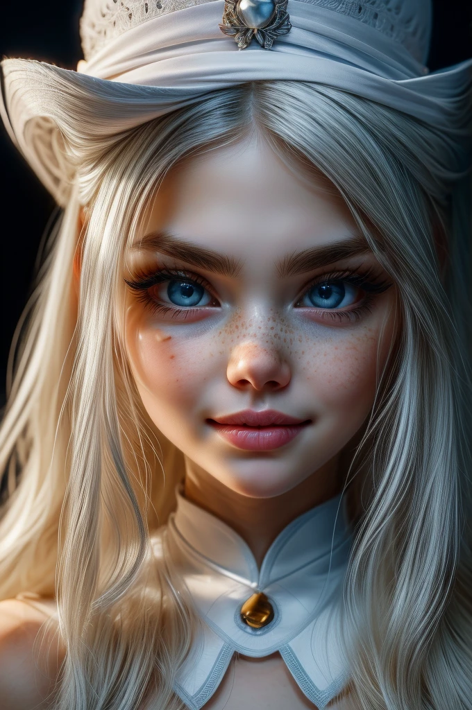 very beautiful woman, perfect face, long white hair, small sharp face, perfect big blue eyes, thin arched eyebrows, very thick and long eyelashes, close up face, freckles, small nose, black winged eyeliner, front view, looking at viewer, super white skin, russian soft small features, laughing with teeth, dimples