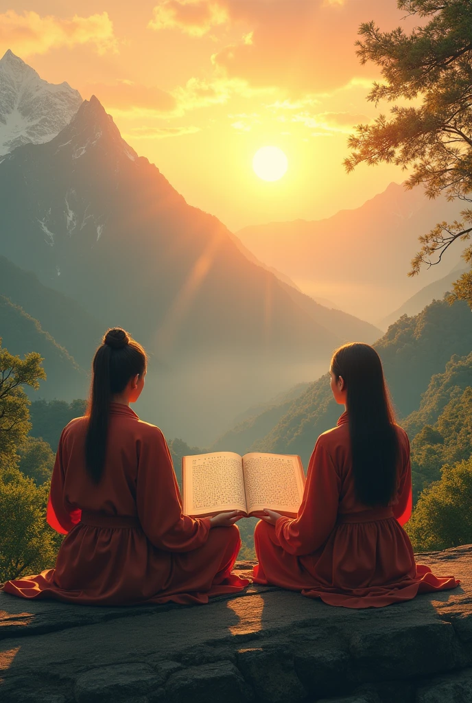 2 asian person meditating on top of a mountain, with the rising sun bathing the landscape in golden light. A book of Buddhist scriptures lies open in his hands, capturing the serenity of the moment.
