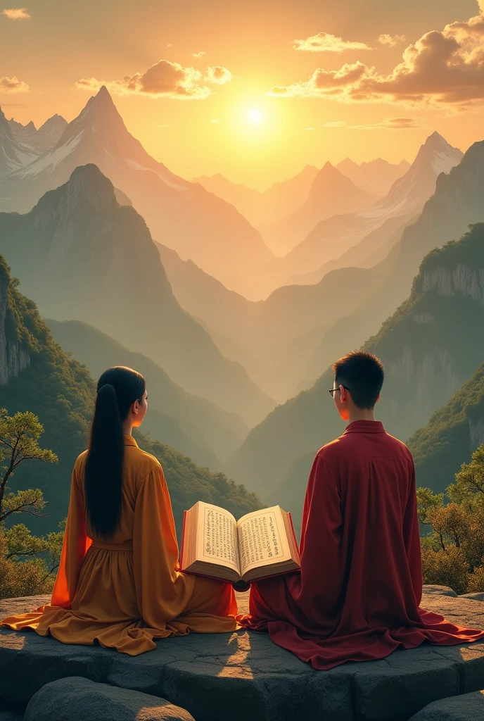 2 asian person meditating on top of a mountain, with the rising sun bathing the landscape in golden light. A book of Buddhist scriptures lies open in his hands, capturing the serenity of the moment.