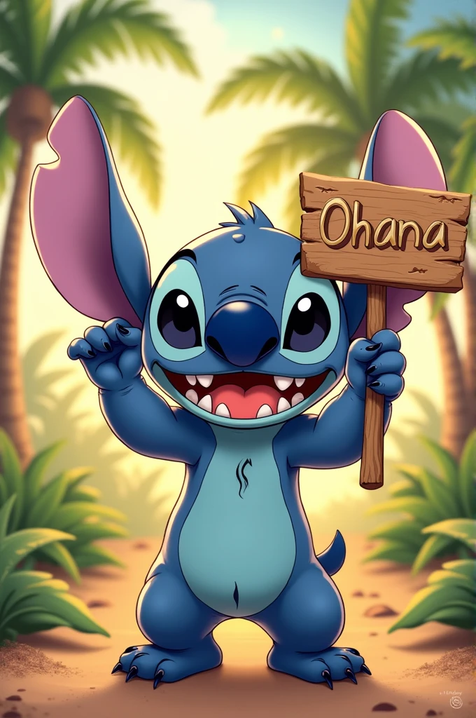Stitch with a sign in his hands with the word Ohana.