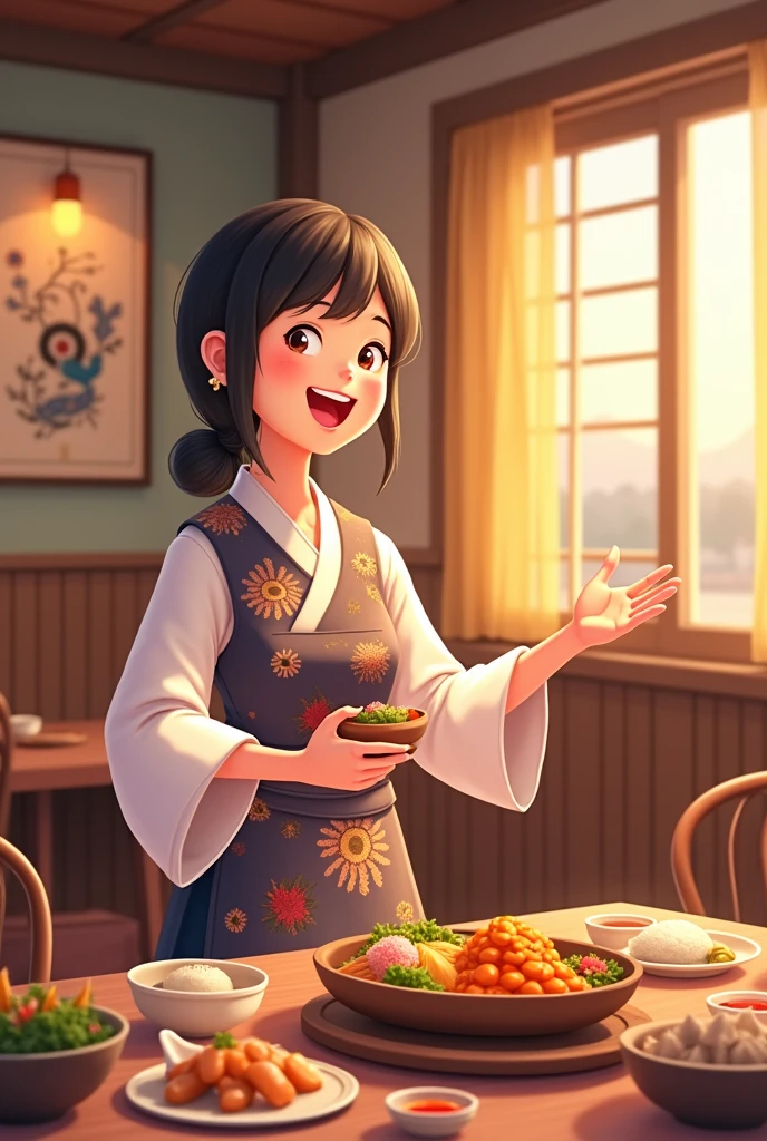 A Korean restaurant employee named Ms. Ploy is welcoming customers and inviting them to sit at a table. (Cartoon images)